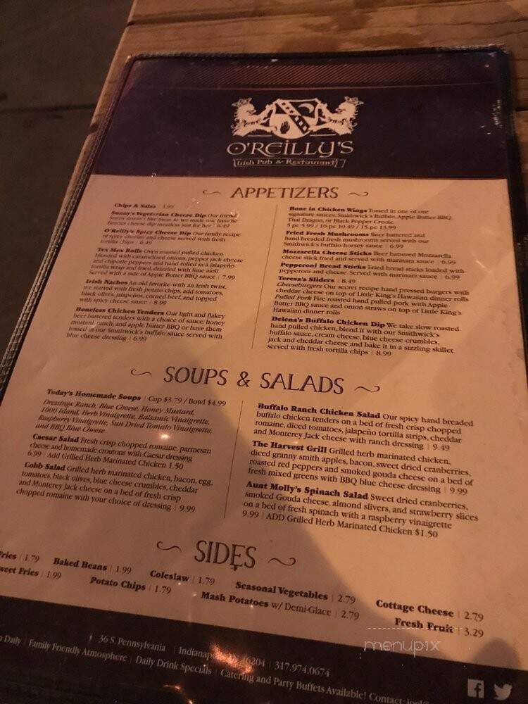 O'Reilly's Irish Bar and Restaurant - Indianapolis, IN menu_pic