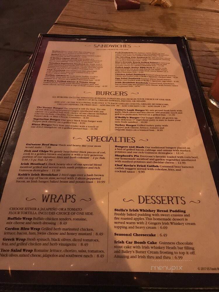 O'Reilly's Irish Bar and Restaurant - Indianapolis, IN menu_pic