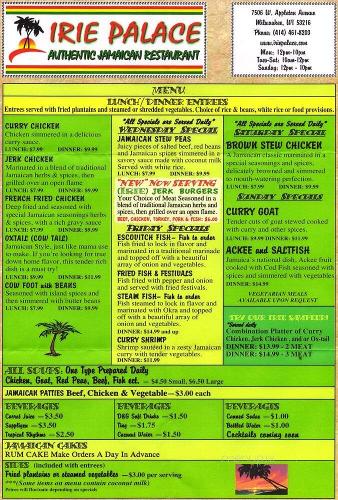 Irie Palace - Milwaukee, WI menu_pic