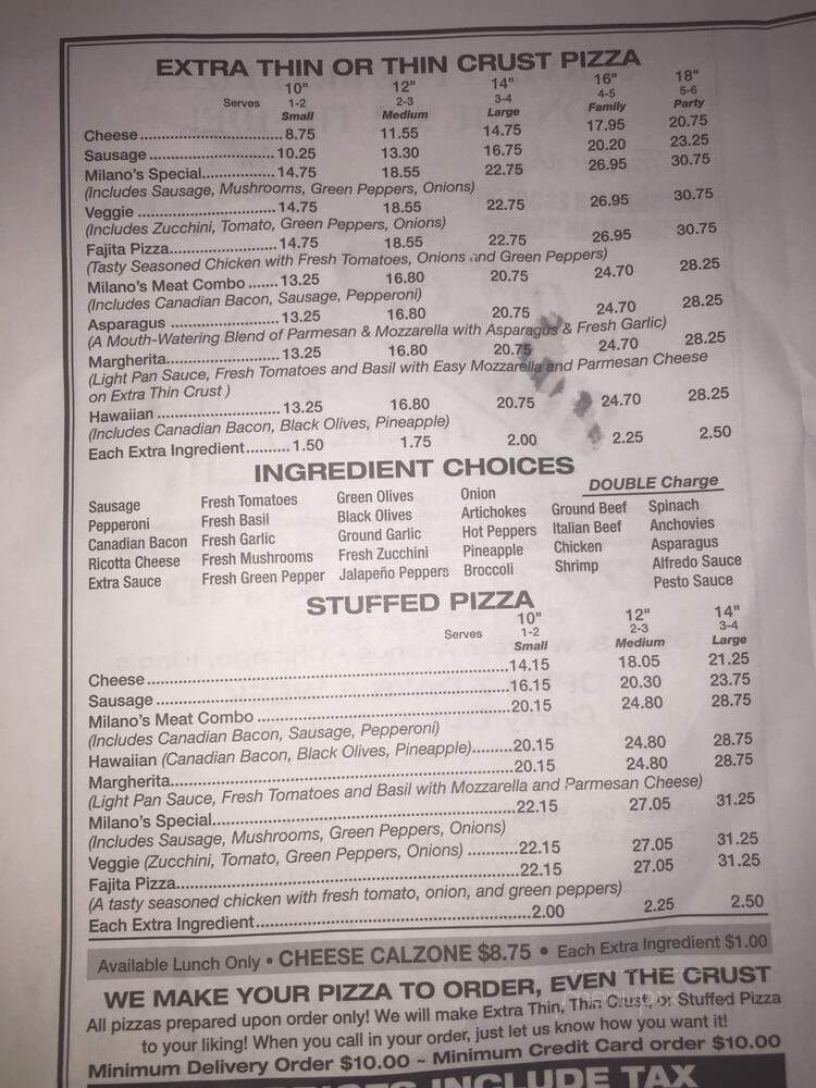 Pizzeria Milano - Chicago, IL menu_pic