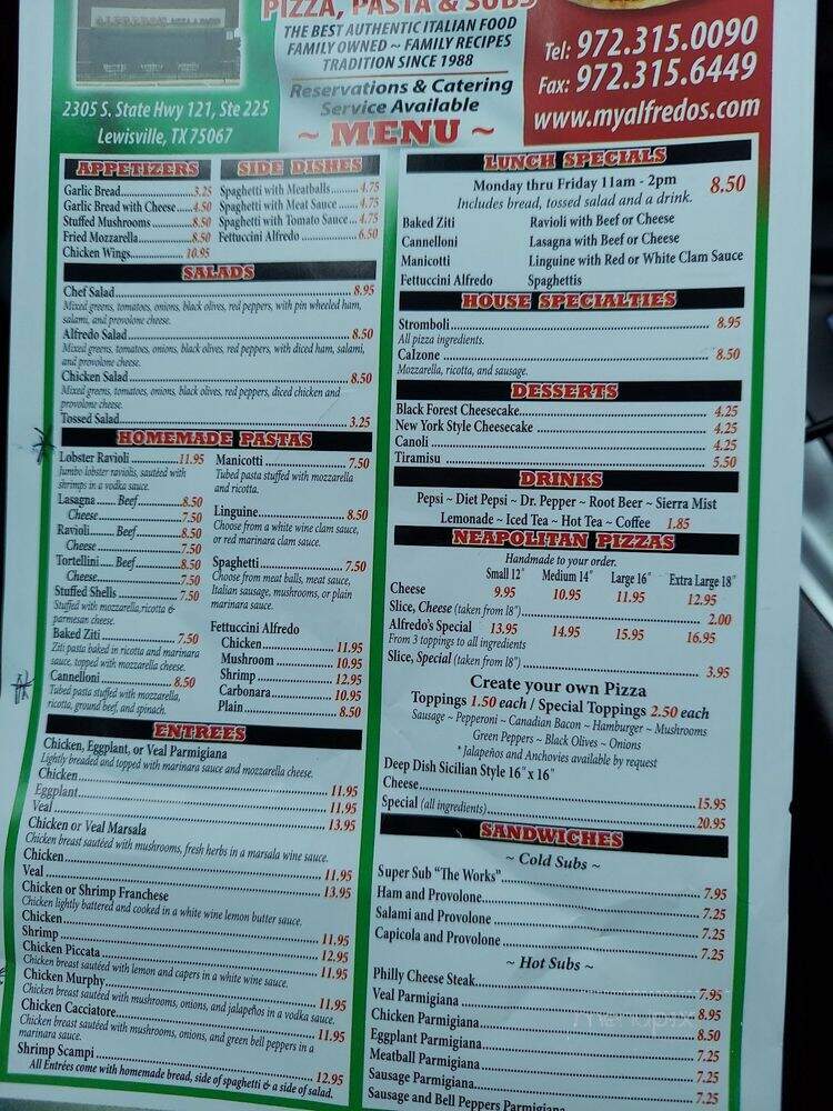Alfredo's Pizza, Pasta and Subs - Lewisville, TX menu_pic