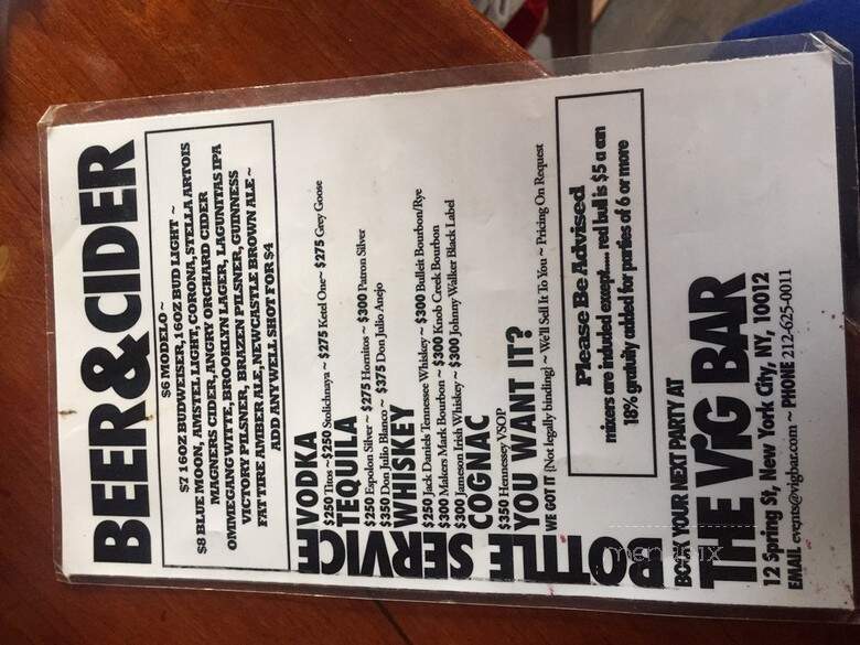 Vig Bar - New York, NY menu_pic