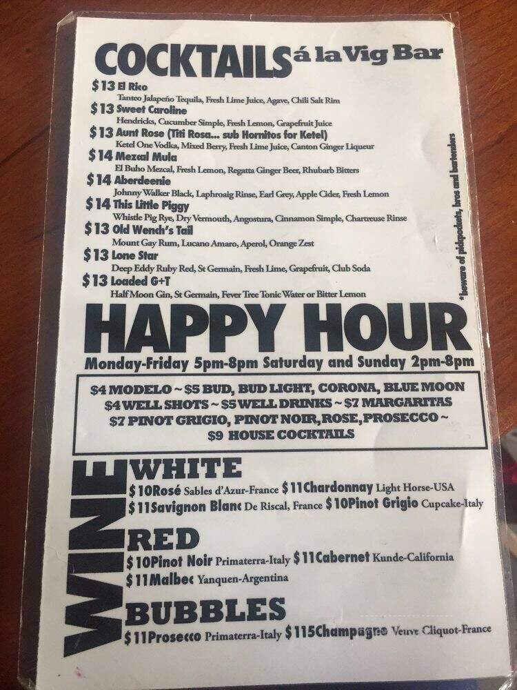 Vig Bar - New York, NY menu_pic