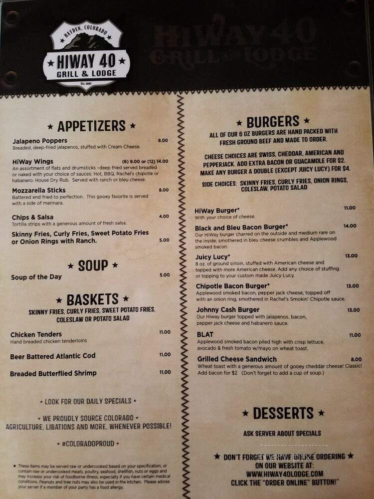 Hiway Bar - Hayden, CO menu_pic