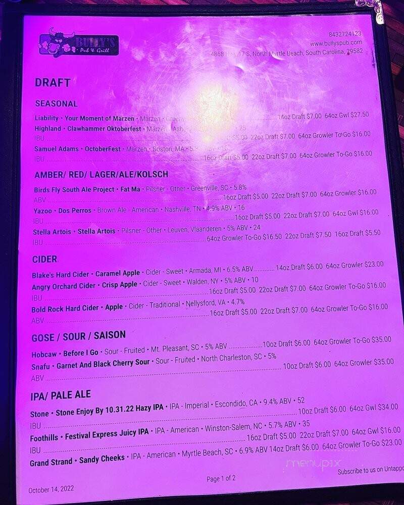 Bully's Pub - North Myrtle Beach, SC menu_pic
