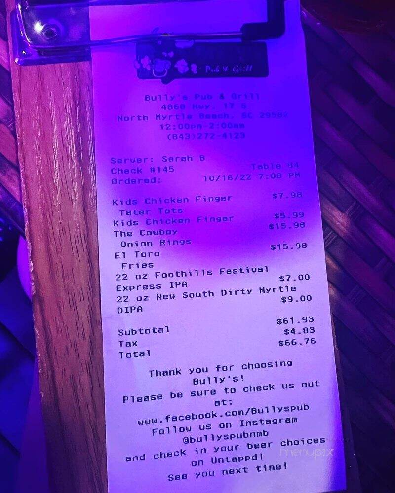 Bully's Pub - North Myrtle Beach, SC menu_pic