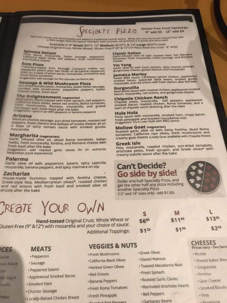 Spinoza's Gourmet Pizza & Salads - Beavercreek, OH menu_pic