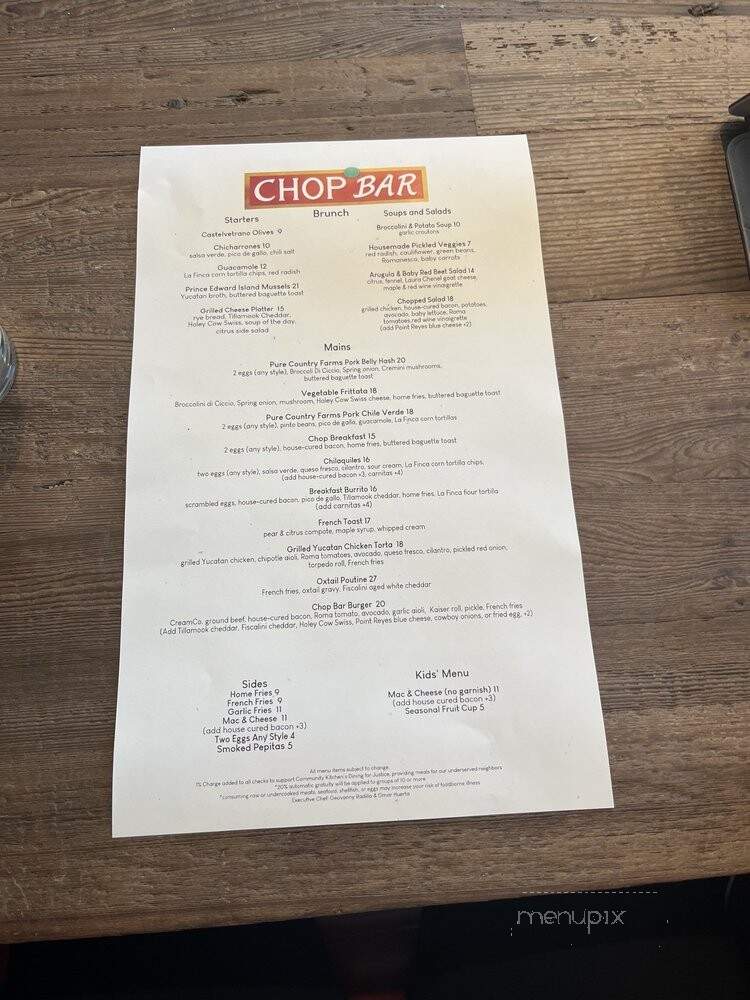 Chop Bar - Oakland, CA menu_pic