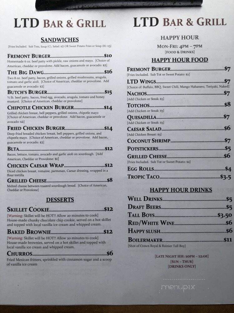 LTD Bar and Grill - Seattle, WA menu_pic