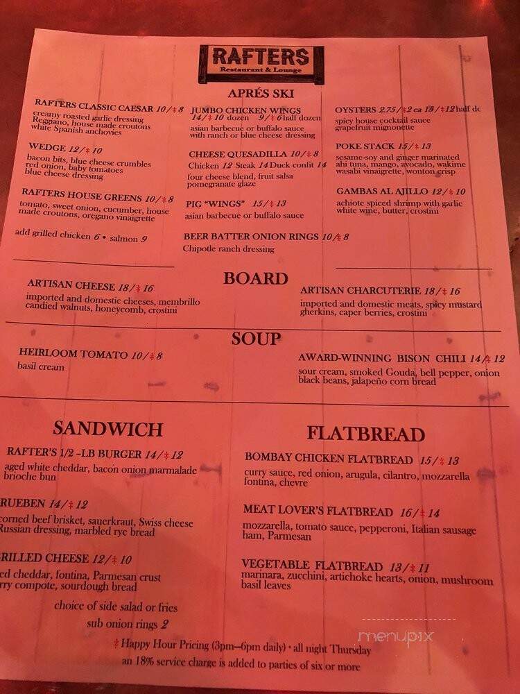 Rafters - Mammoth Lakes, CA menu_pic