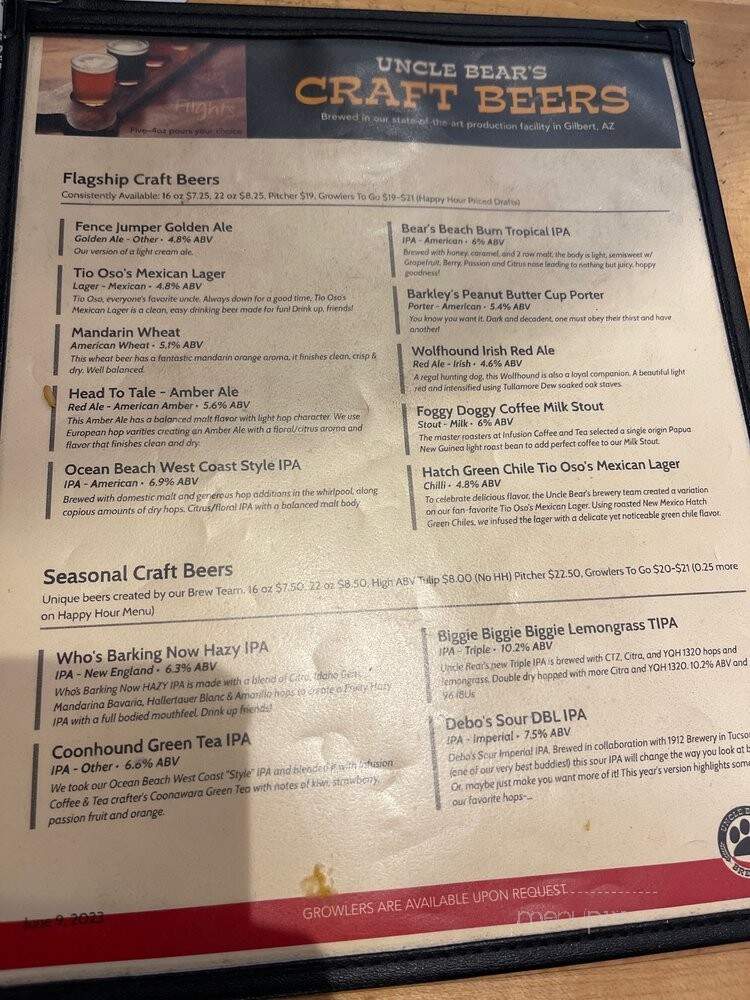 Uncle Bears Grill & Bar - Queen Creek, AZ menu_pic