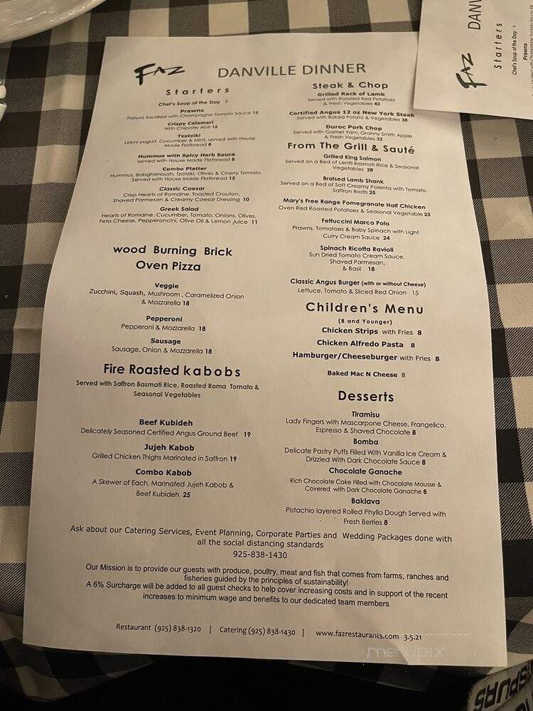 Faz Restaurant & Bar - Danville, CA menu_pic