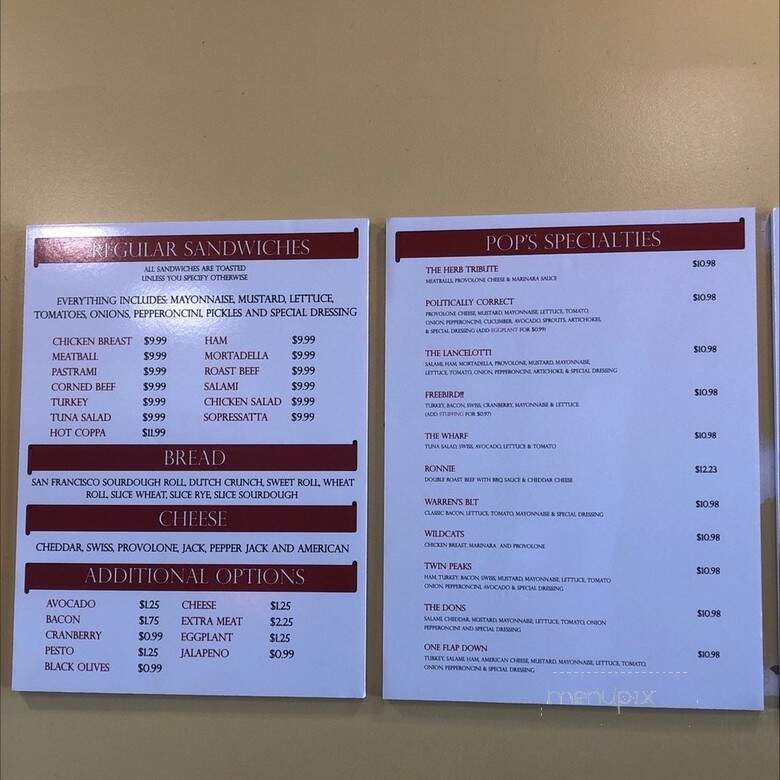 Pop's Sandwich Shop - San Francisco, CA menu_pic
