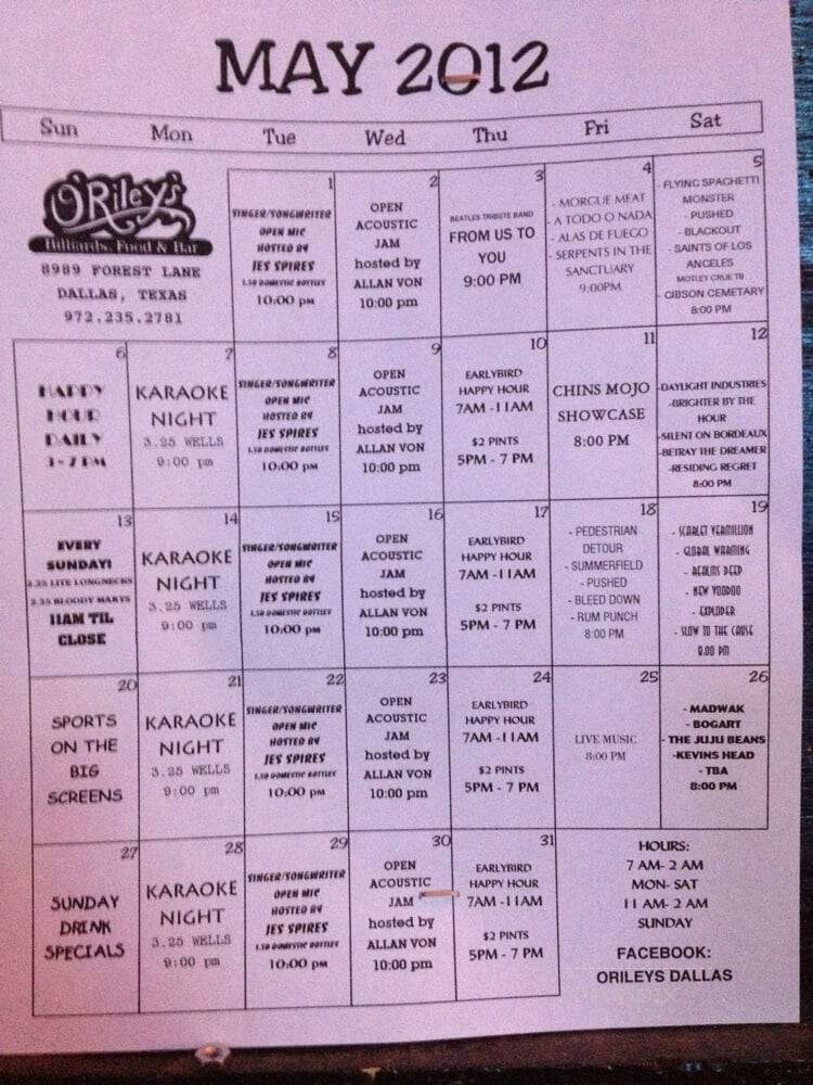 O'Riley's Billiards, Food & Bar - Dallas, TX menu_pic