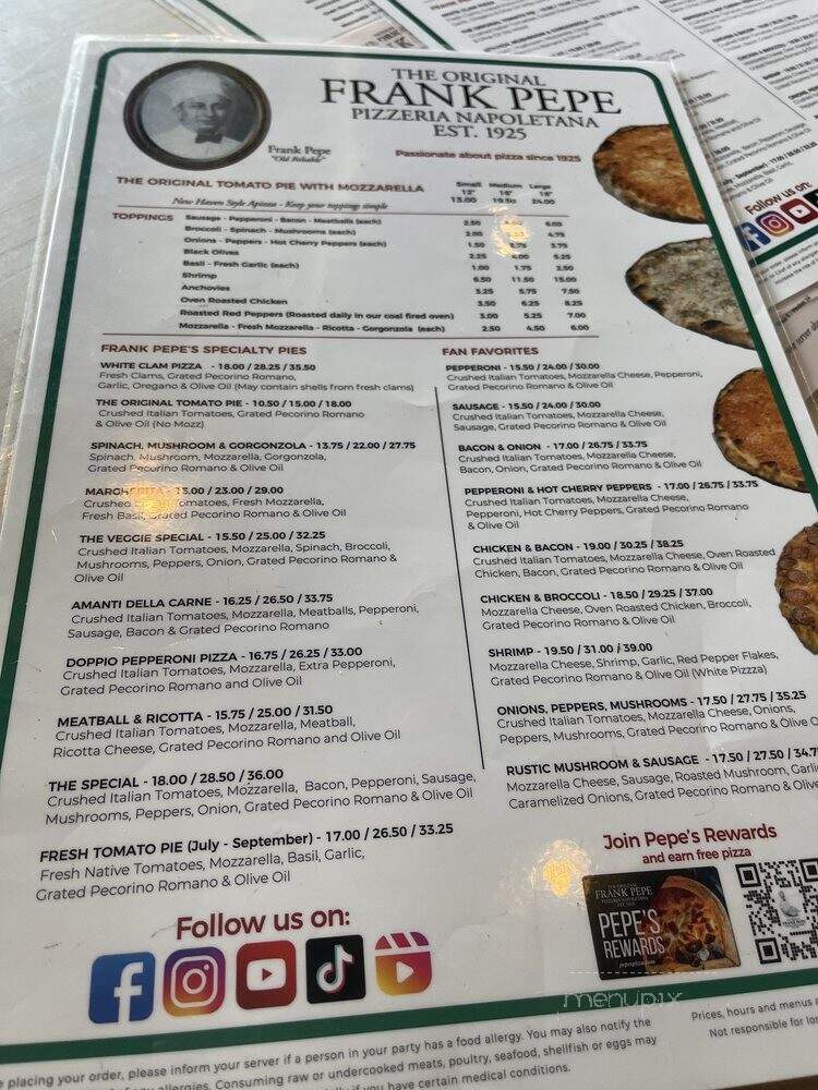Frank Pepe Pizzeria Napoletana - Manchester, CT menu_pic