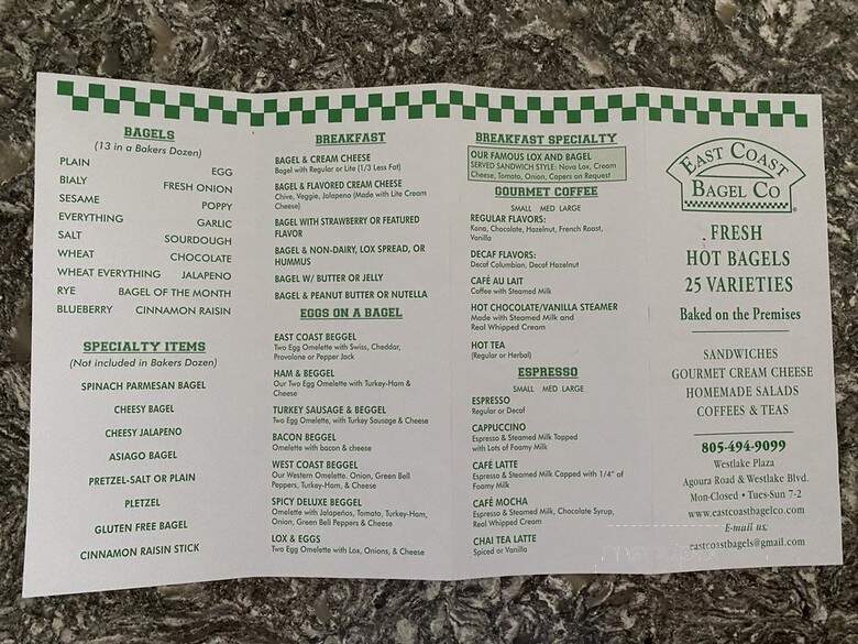 East Coast Bagel - Westlake Village, CA menu_pic