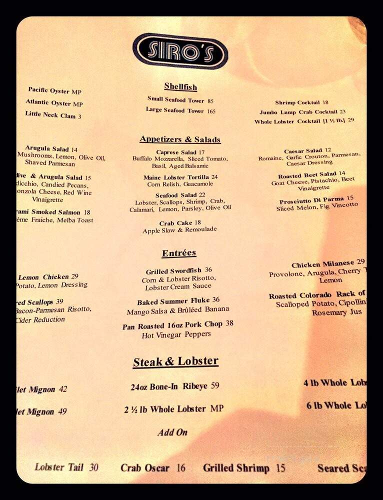 Siro's - Saratoga Springs, NY menu_pic