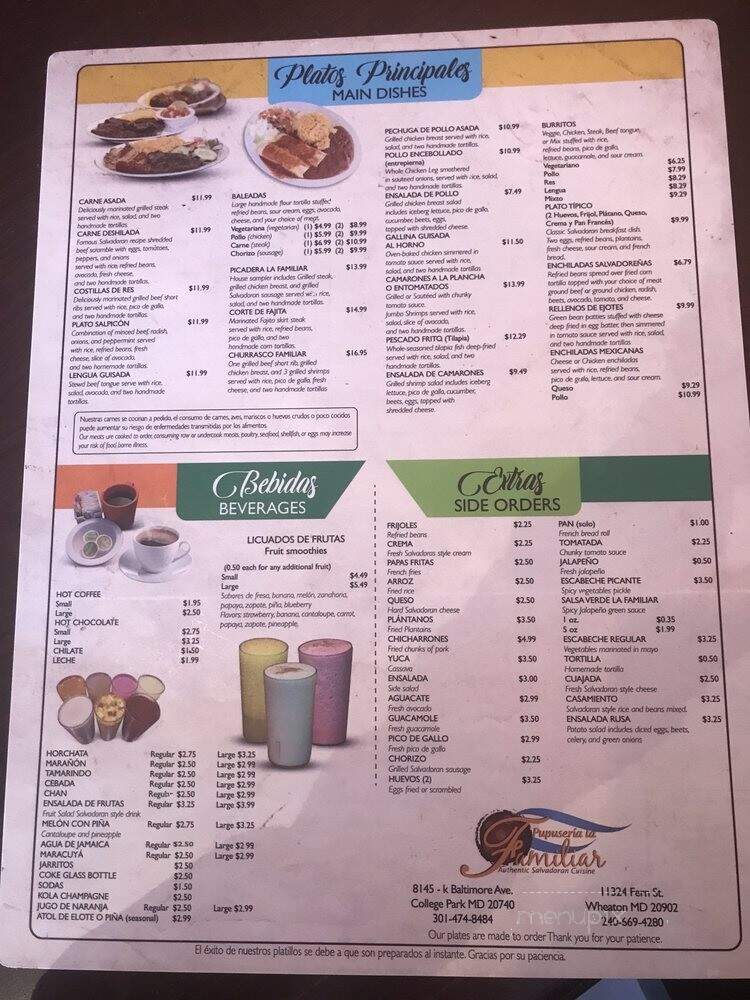 Pupuseria la Familiar - Frederick, MD menu_pic