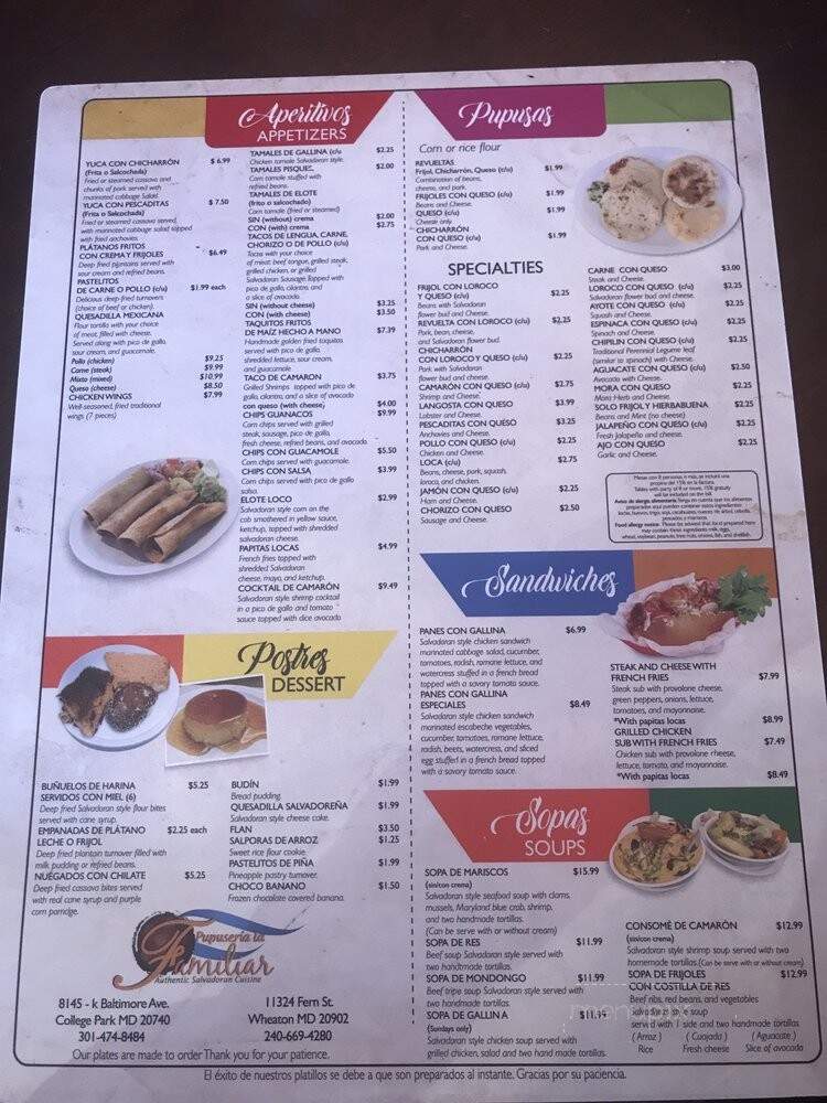 Pupuseria la Familiar - Frederick, MD menu_pic