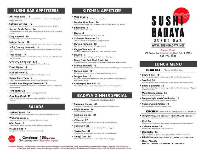 Sushi Badaya - Highland Park, IL menu_pic