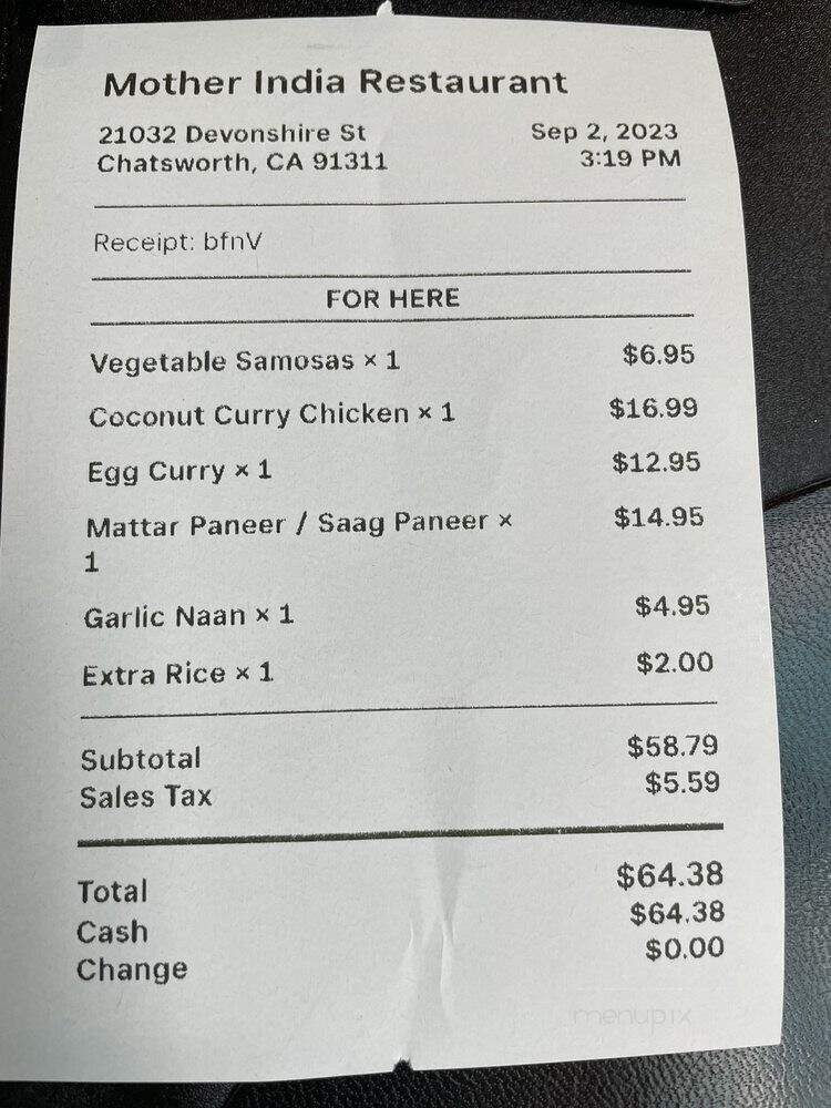 Mother India Restaurant - Chatsworth, CA menu_pic