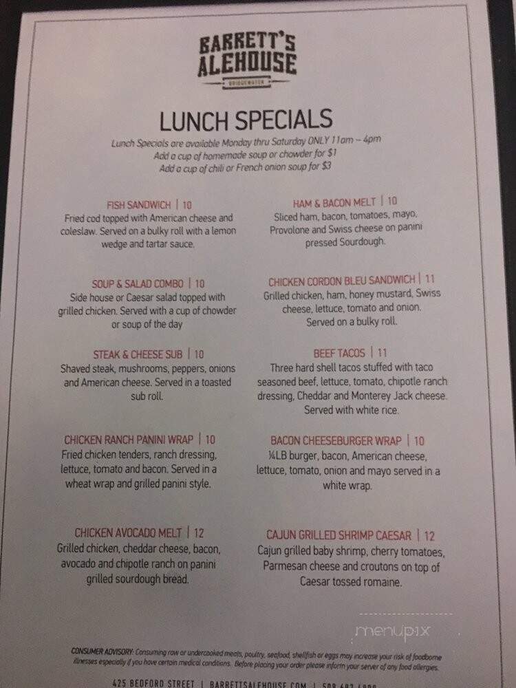 Barretts Ale House - Bridgewater, MA menu_pic