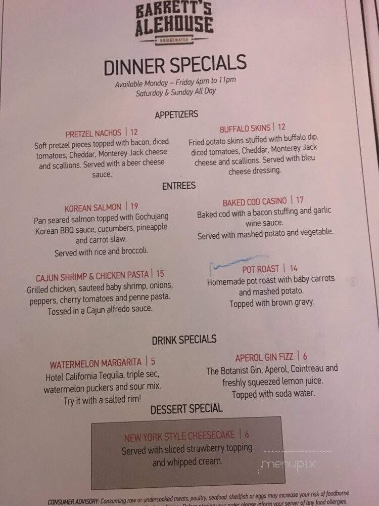 Barretts Ale House - Bridgewater, MA menu_pic