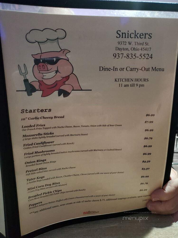 Snickers Bar & Restaurant - Dayton, OH menu_pic