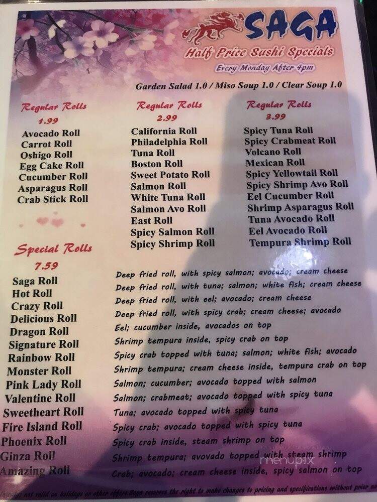 Saga Hibachi Steakhouse & Sushi Bar - Monroeville, PA menu_pic