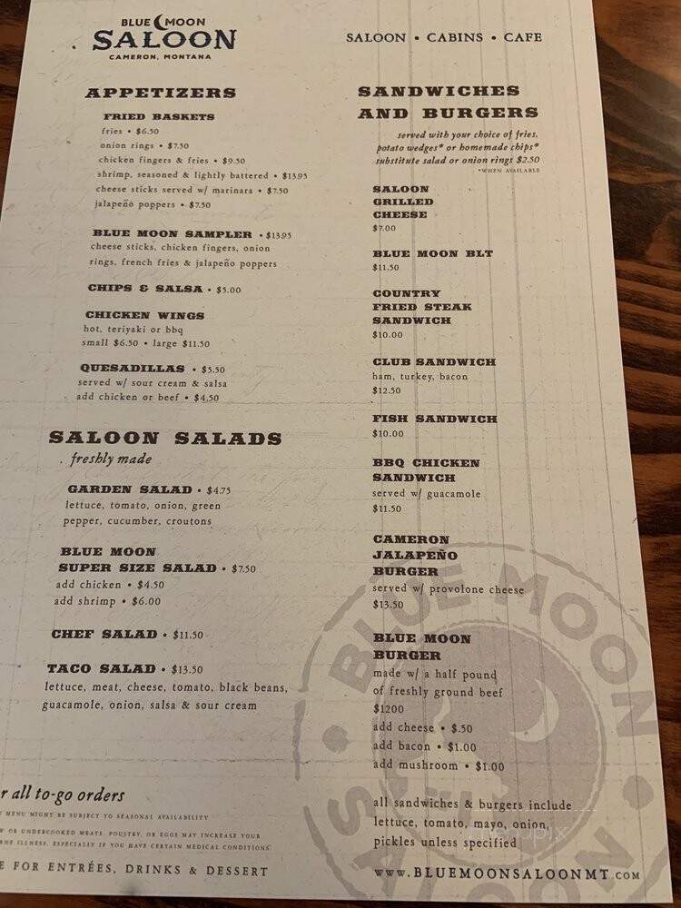 Blue Moon Saloon - Cameron, MT menu_pic