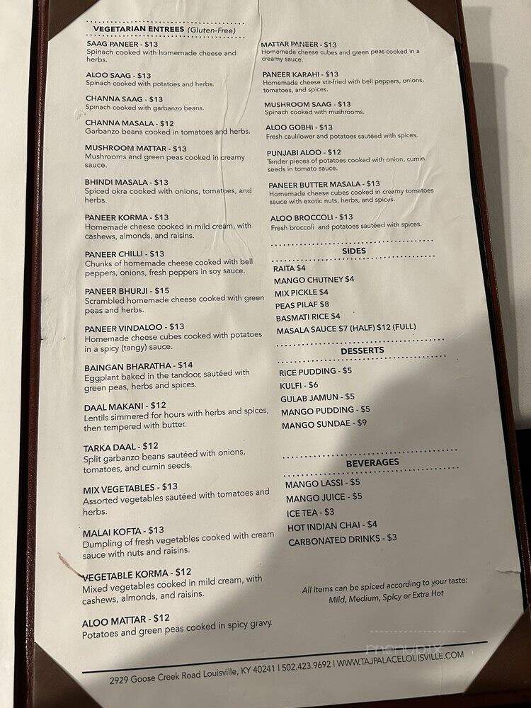 Taj Palace - Louisville, KY menu_pic