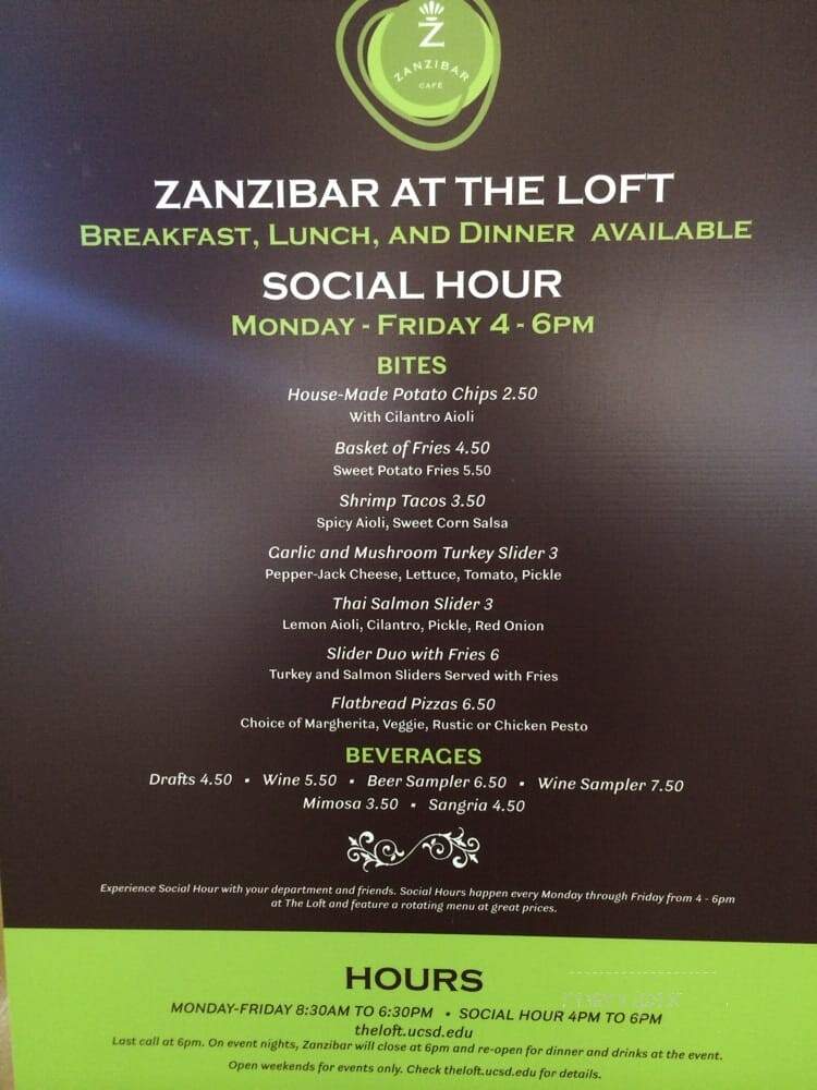 Zanzibar at the Loft UCSD - San Diego, CA menu_pic