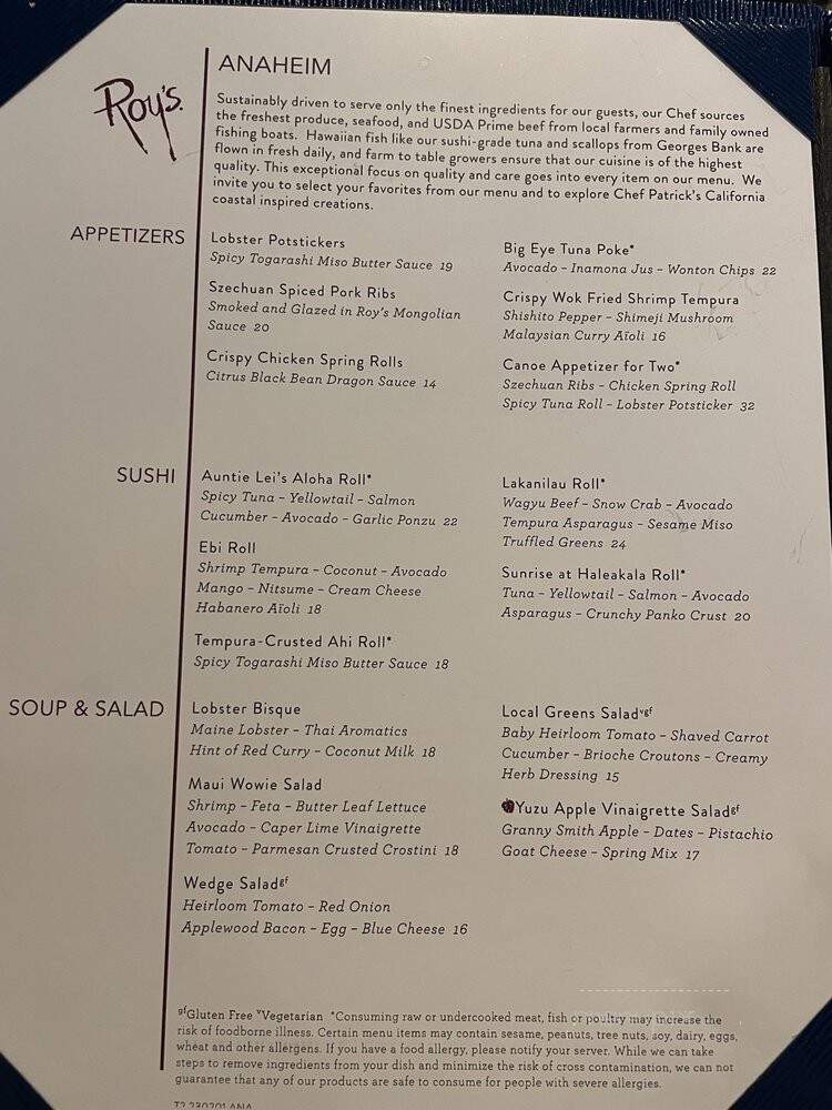 Roy's Hawaiian Fusion Cuisine - Anaheim, CA menu_pic