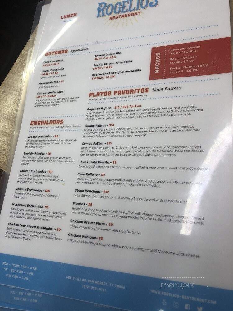 Rogelio's - San Marcos, TX menu_pic