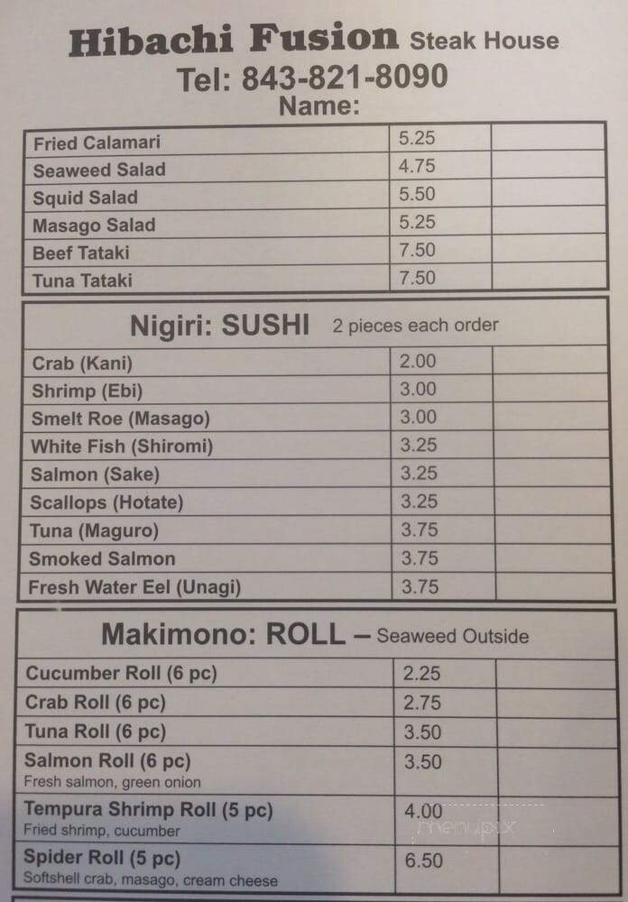 Hibachi Fusion - Summerville, SC menu_pic