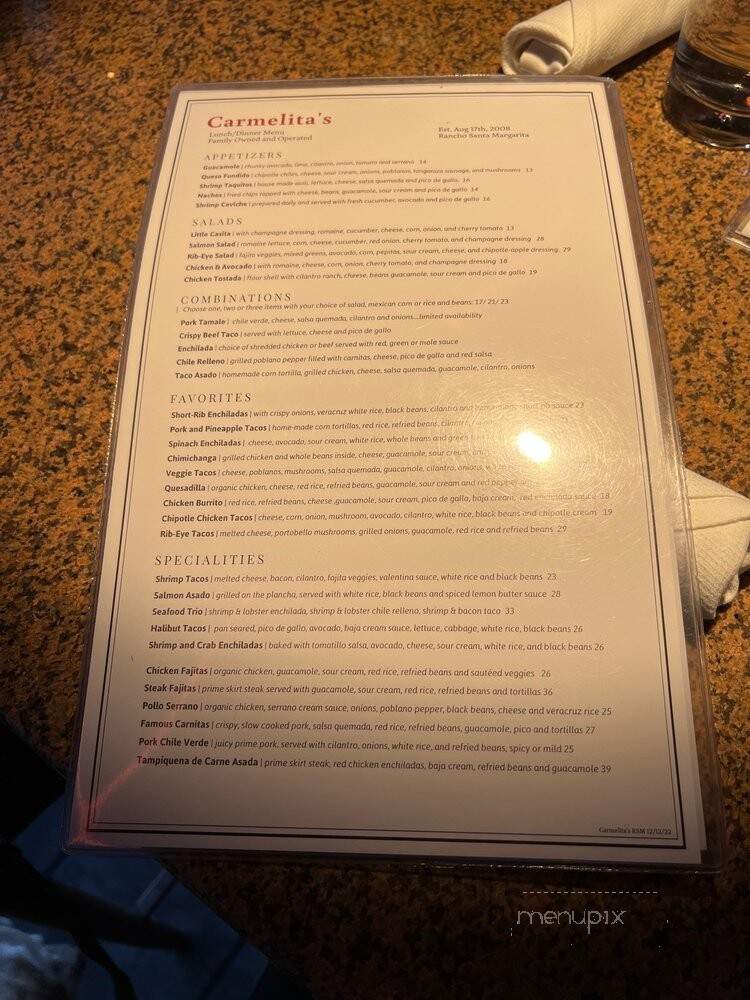 Carmelita's - Rancho Santa Margarita, CA menu_pic