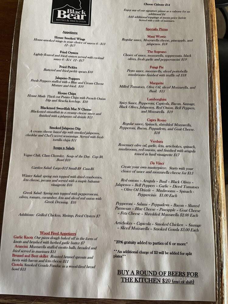 Black Bear Bistro - Warrenton, VA menu_pic