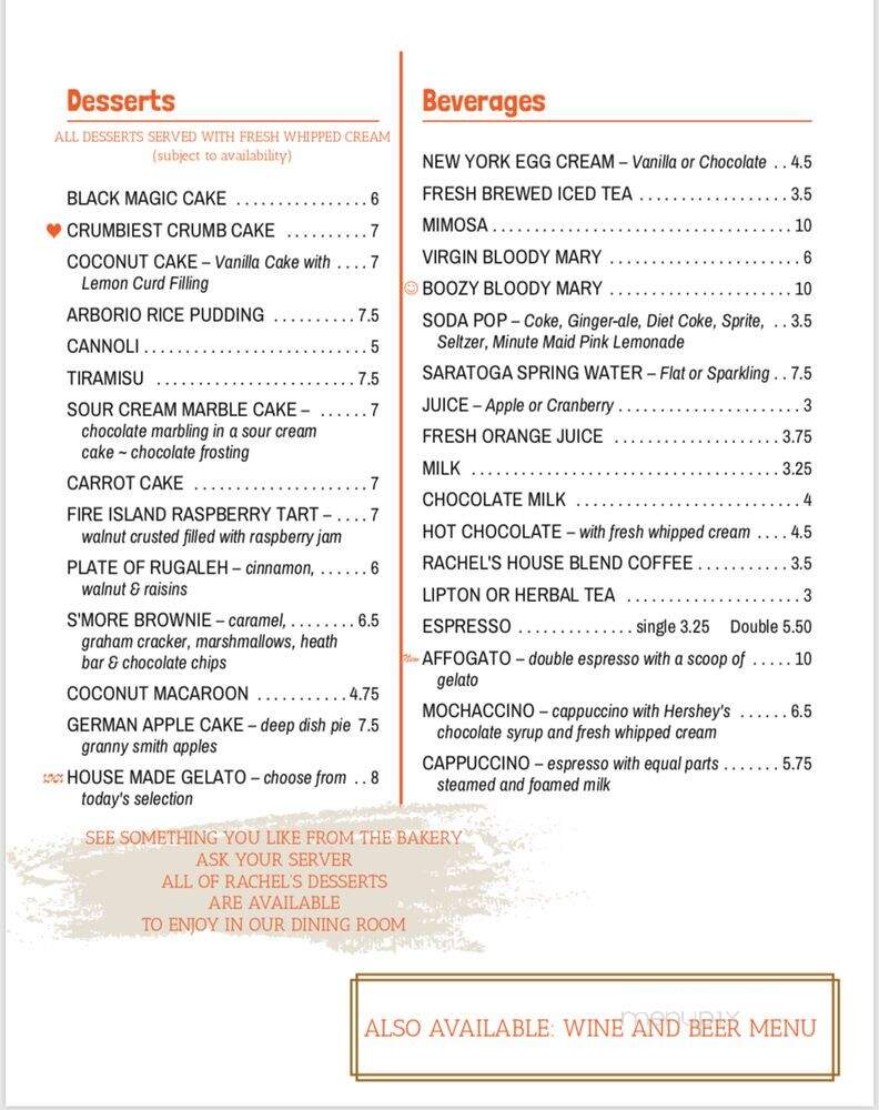 Rachel's Bakery and Restaurant - Ocean Beach, NY menu_pic