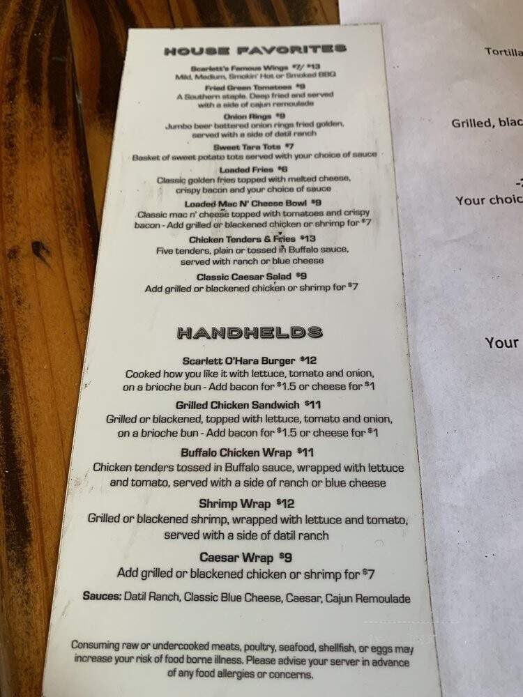 Scarlett O'Hara's - St Augustine, FL menu_pic