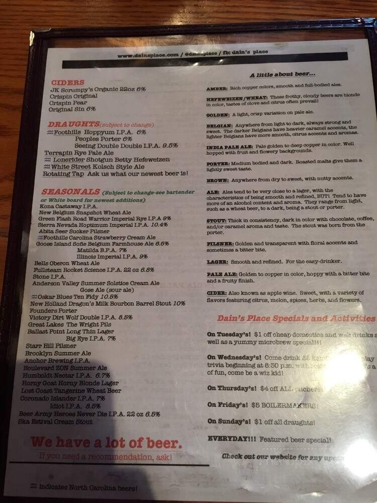 Dain's Place - Durham, NC menu_pic