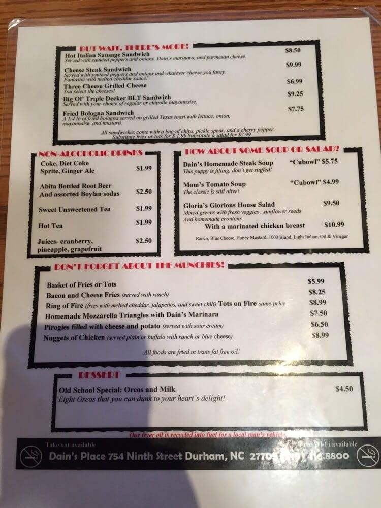 Dain's Place - Durham, NC menu_pic