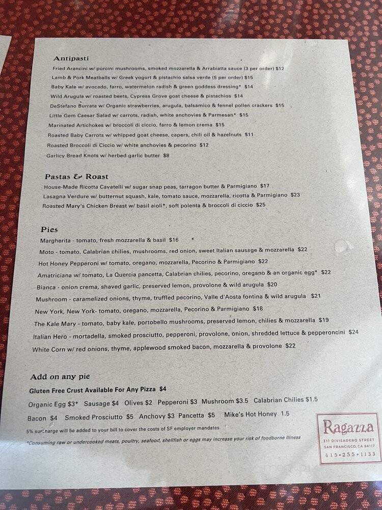 Ragazza - San Francisco, CA menu_pic