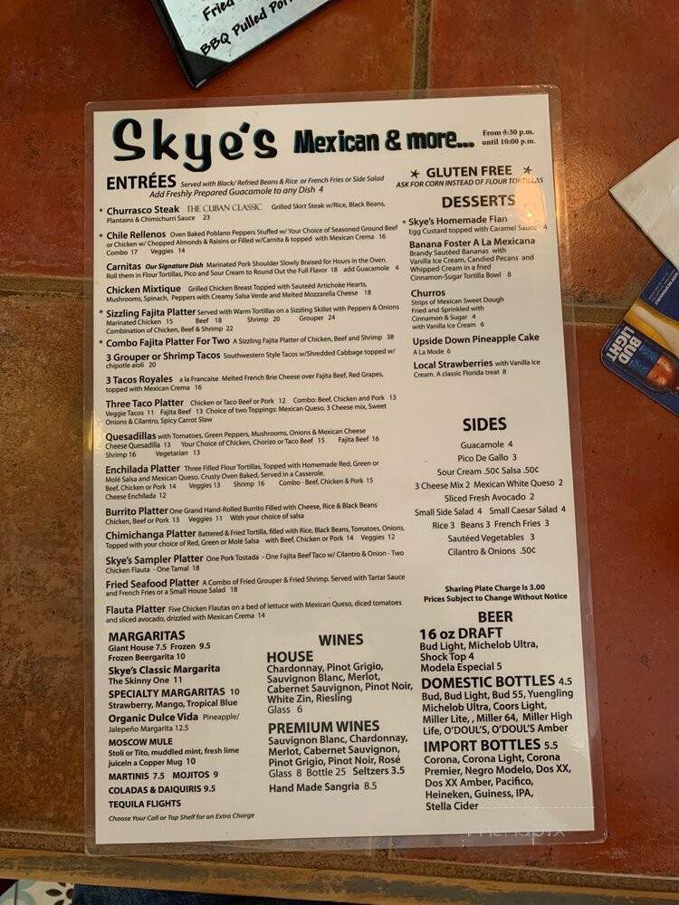 Skye's Restaurant - Fort Myers Beach, FL menu_pic