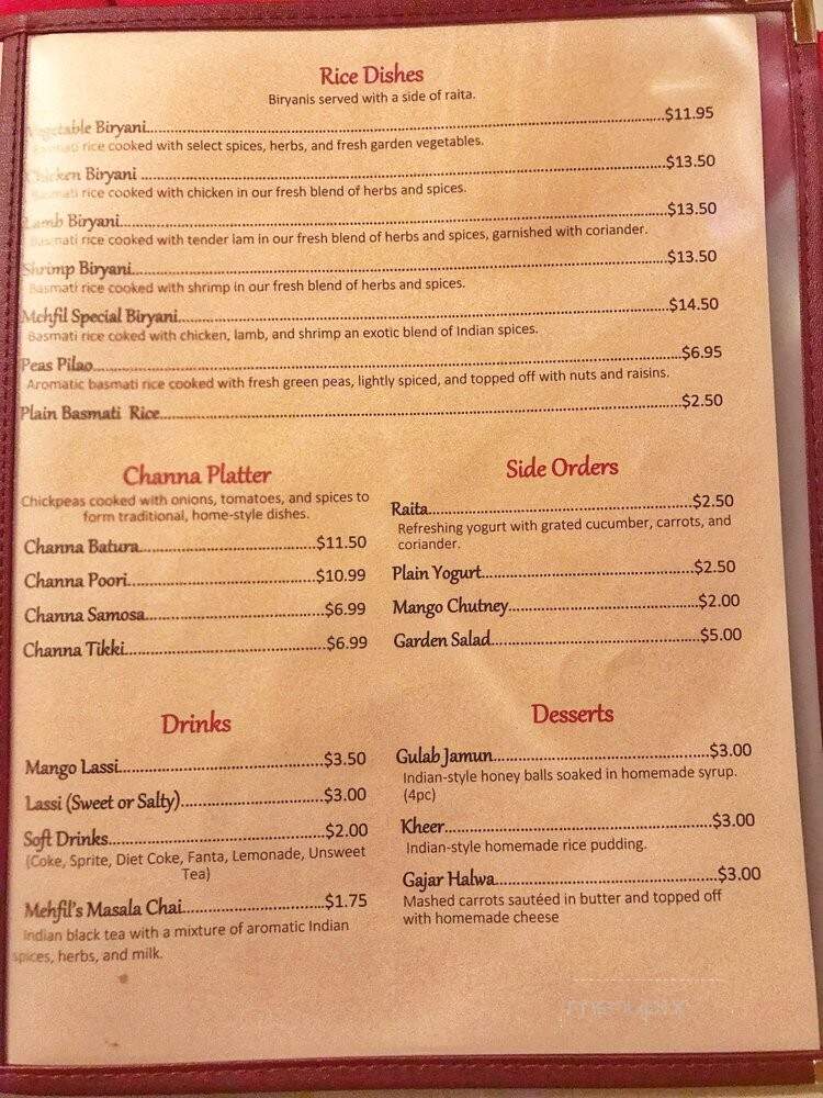Mehfil Indian Restaurant - Roseville, CA menu_pic