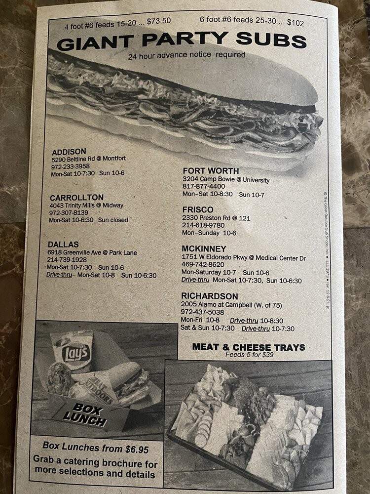 The Great Outdoors Sub Shop - Dallas, TX menu_pic
