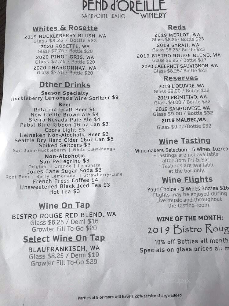 Pend d'Oreille Winery - Sandpoint, ID menu_pic
