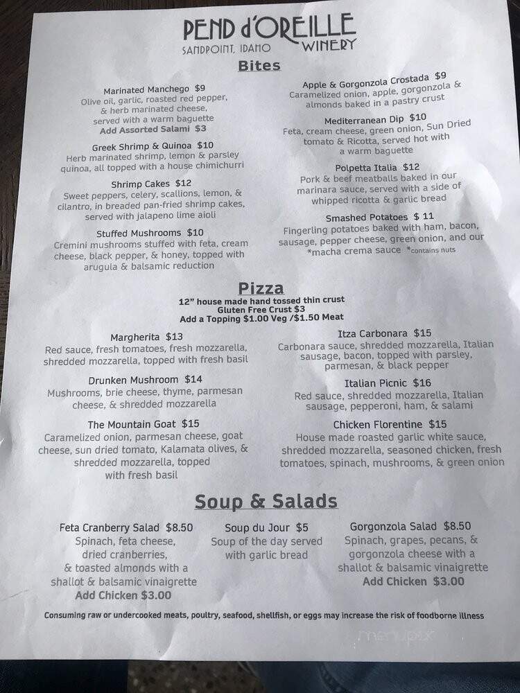 Pend d'Oreille Winery - Sandpoint, ID menu_pic