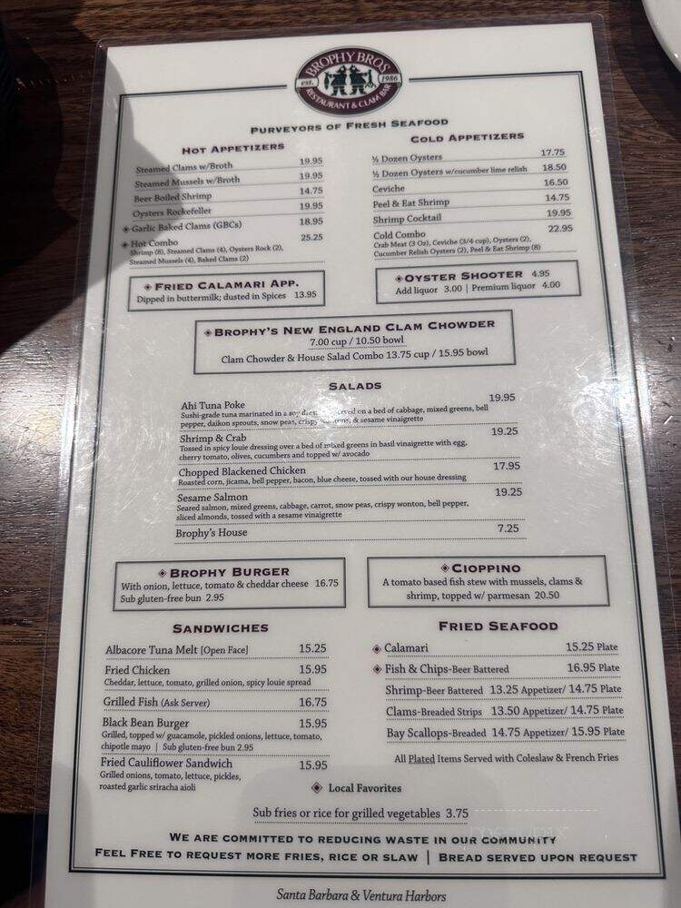 Brophy Brothers Restaurant & Clam Bar - Ventura, CA menu_pic