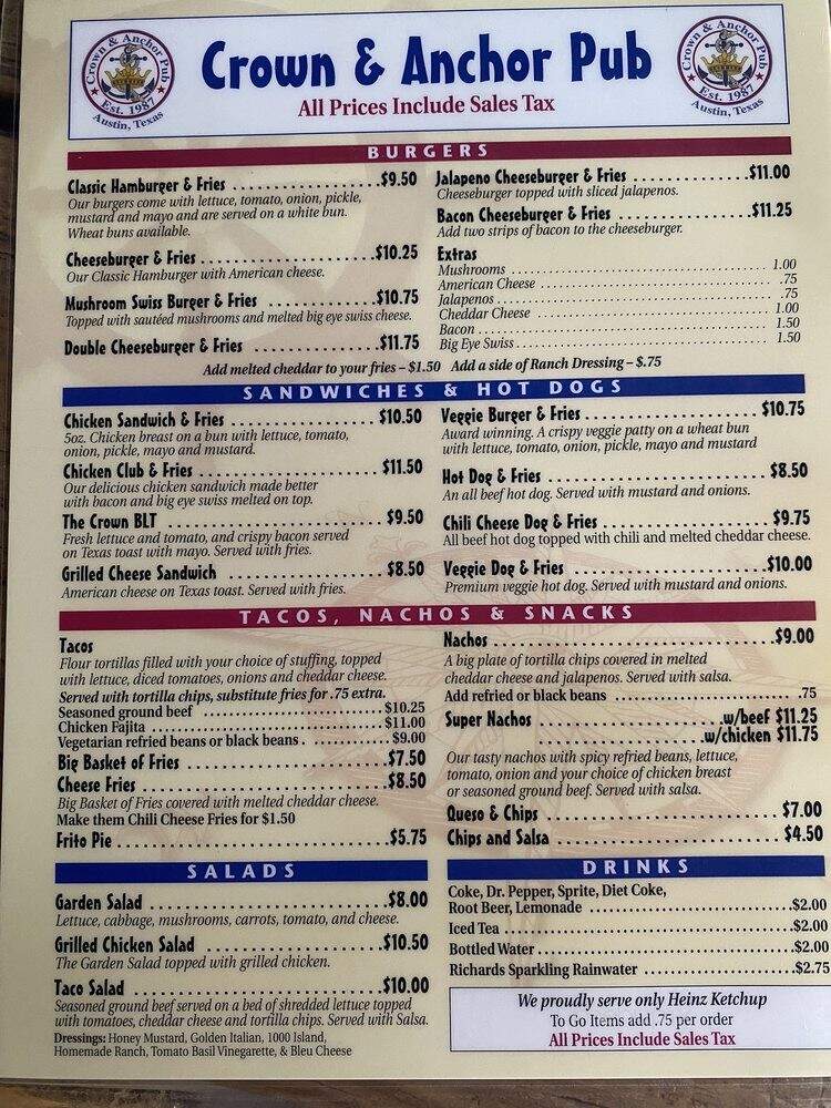 Crown & Anchor Pub - Austin, TX menu_pic