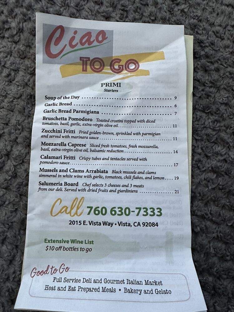 Ciao Ristorante Italiano - Vista, CA menu_pic